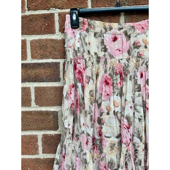 Vintage 1980s Pink Brown Floral Print Skirt Passports of Pier 1 Imports Florals - Picture 2 of 12